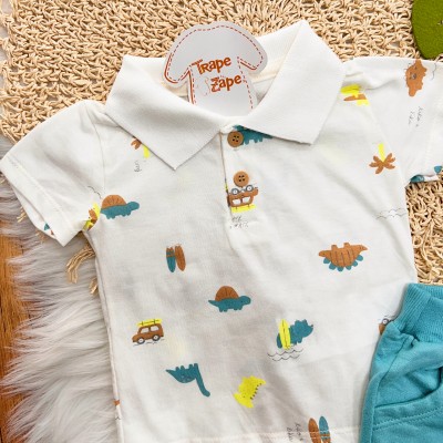 Conj. Camiseta Gola Polo Dinos e Bermuda - Off White e Verde Turquesa